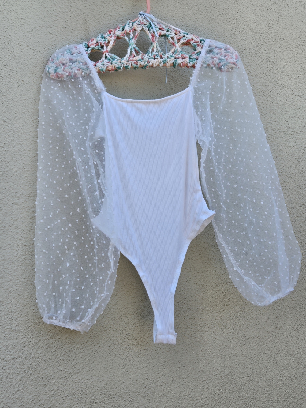 Altar'd State White Sheer Dotted Puff-Sleeve Bodysuit